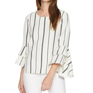 KAREN KANE Tiered Bell Sleeve Ivory Black Striped Top Blouse Stretch Crepe Sz M